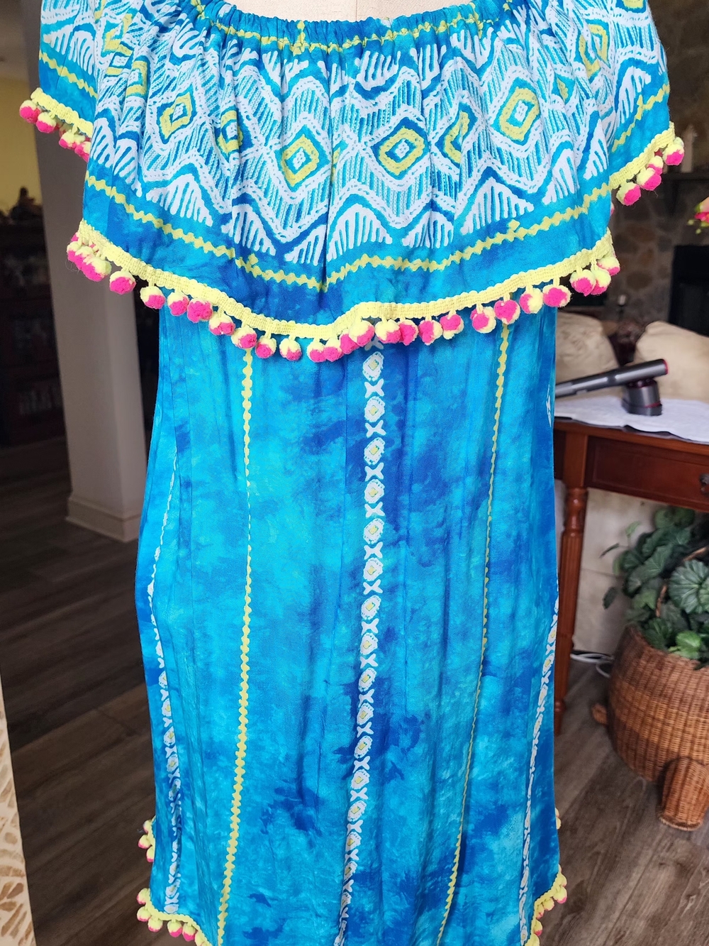 Velzera Turquoise Blue Off-Shoulder Mini Dress w/ Pink & Yellow Pom Trim